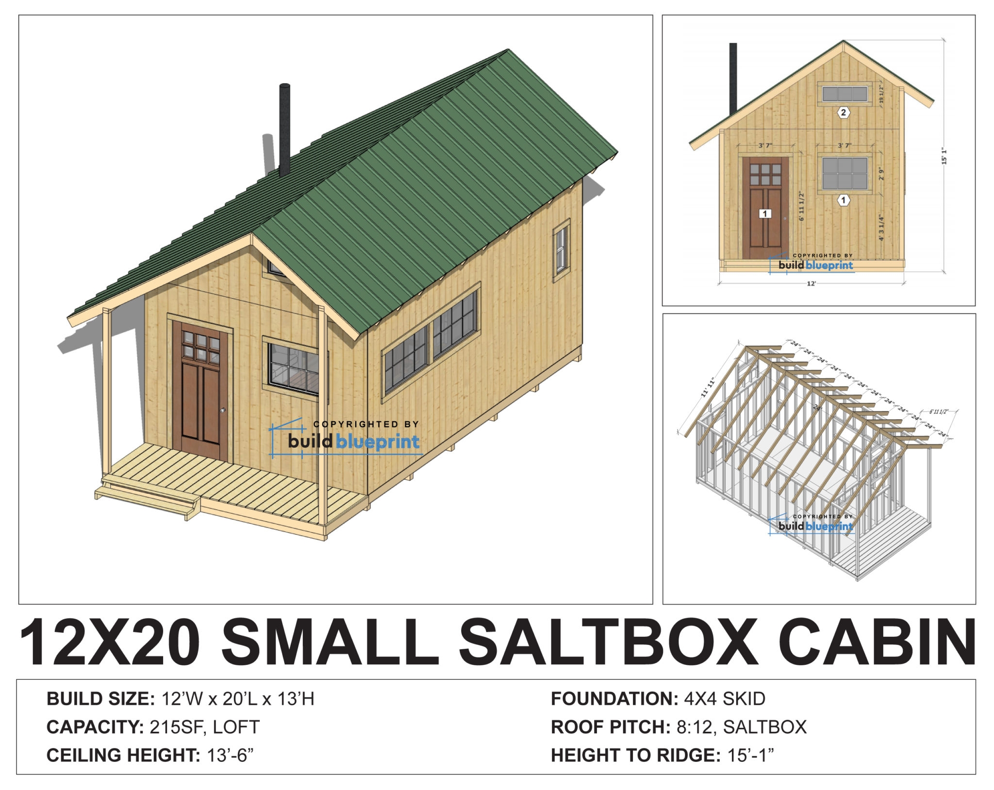 12 X 20 Saltbox Tiny Cabin DIY Plans Build Blueprint
