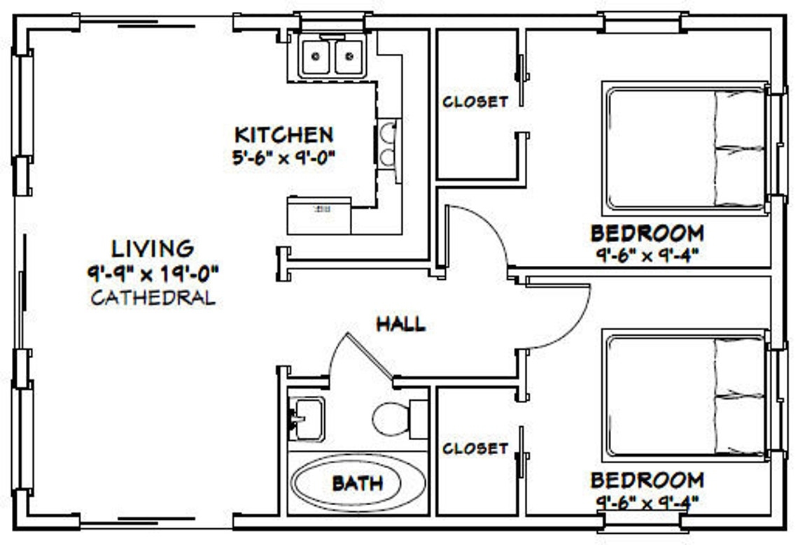 30x20 House 2 bedroom 1 bath 600 Sq Ft PDF Floor Plan Etsy