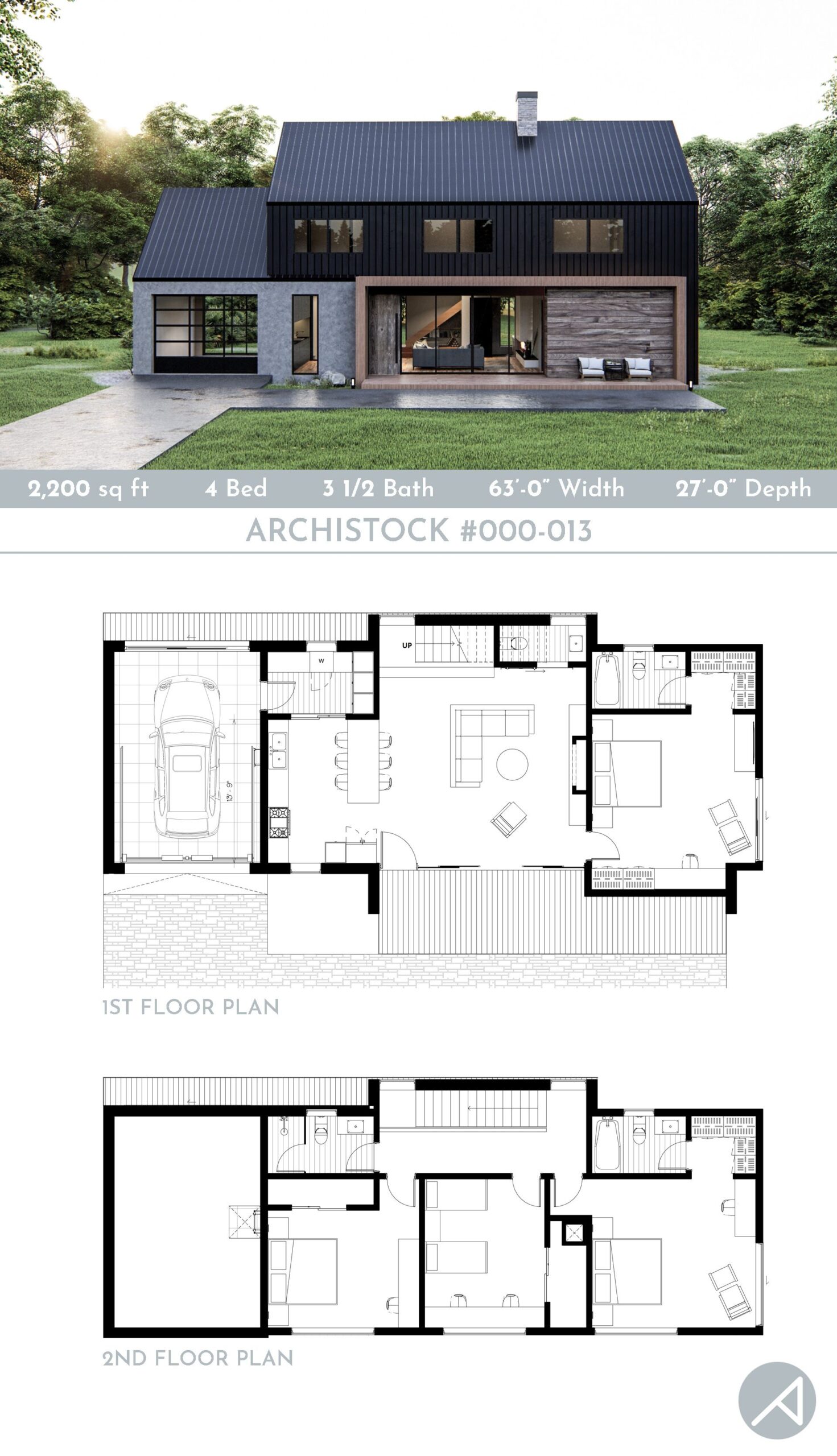 4 Bedroom Modern Barn Style Barndominium House Plan 2200 Sq Ft 3 5 