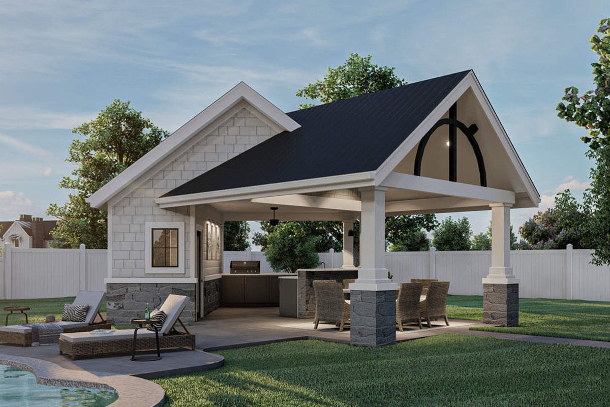 Craftsman Style Poolhouse Plan With Bathroom And A Covered Patio 