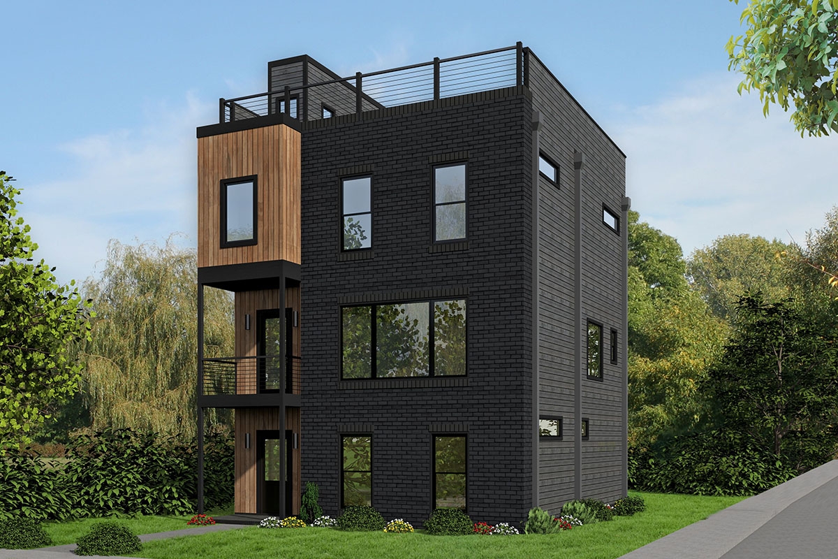 Narrow Contemporary 3 Story House Plan With 4th Floor Scenic Rooftop 68551VR Architectural