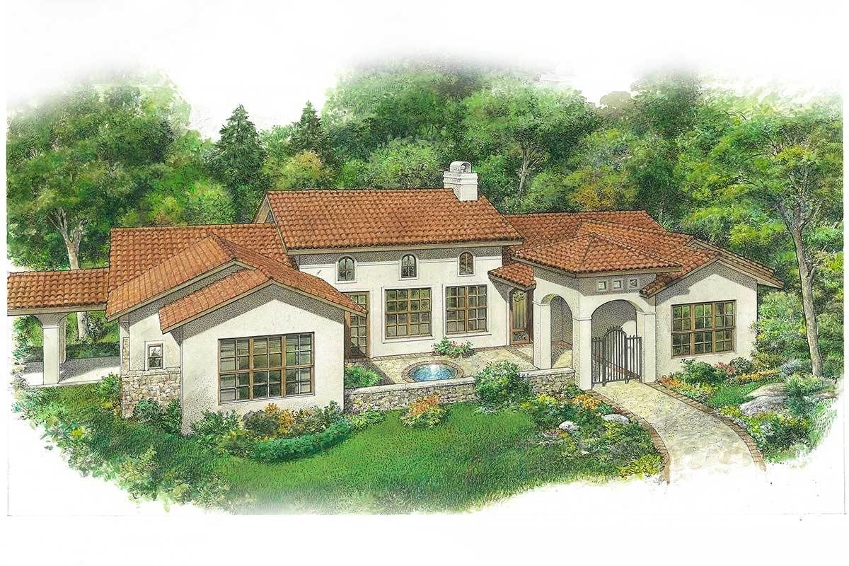 Plan 46072HC 3 Bed Spanish Style House Plan With Front Courtyard 