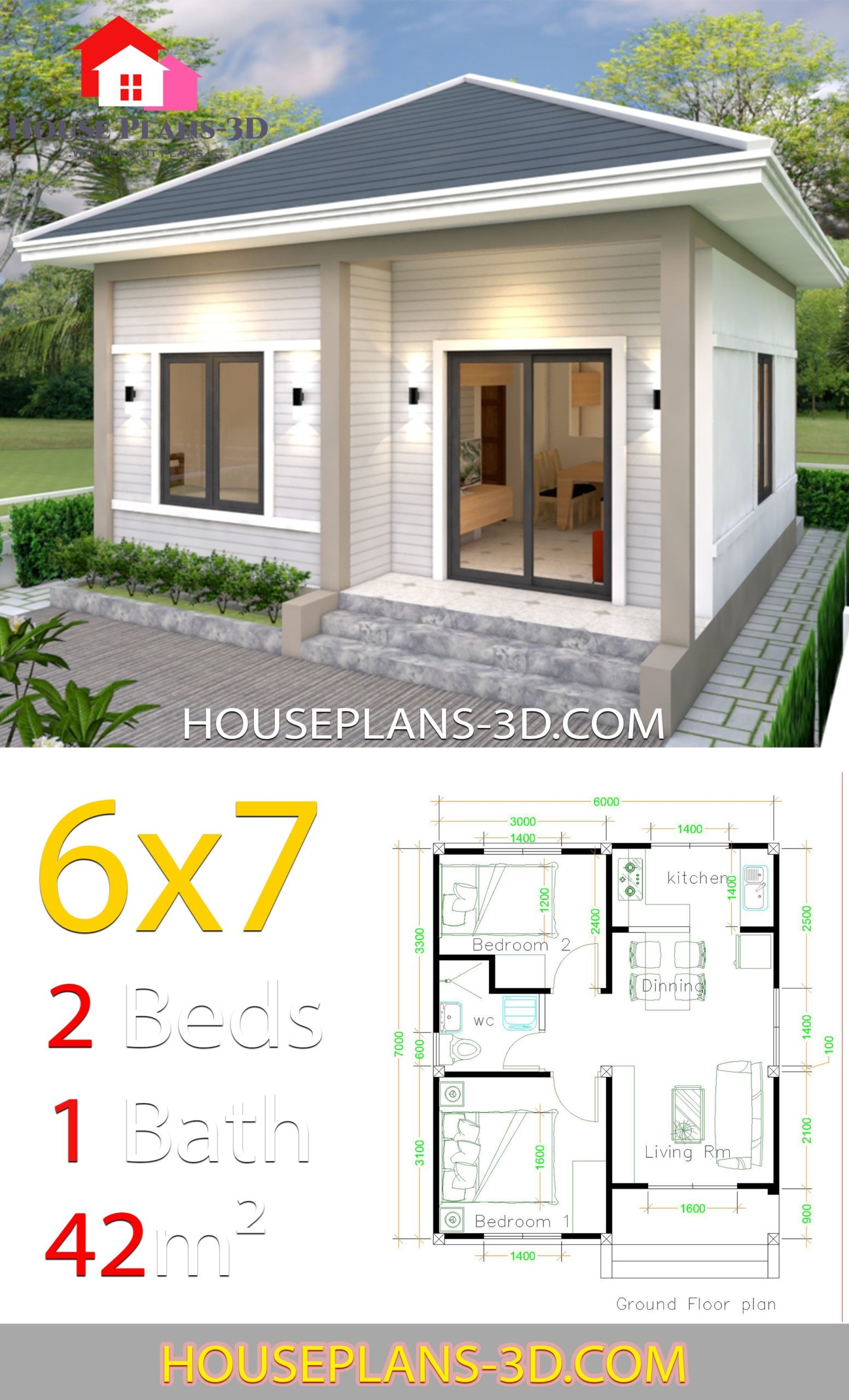 Simple House Plans 6x7 With 2 Bedrooms Hip Roof House Plans 3D Br 