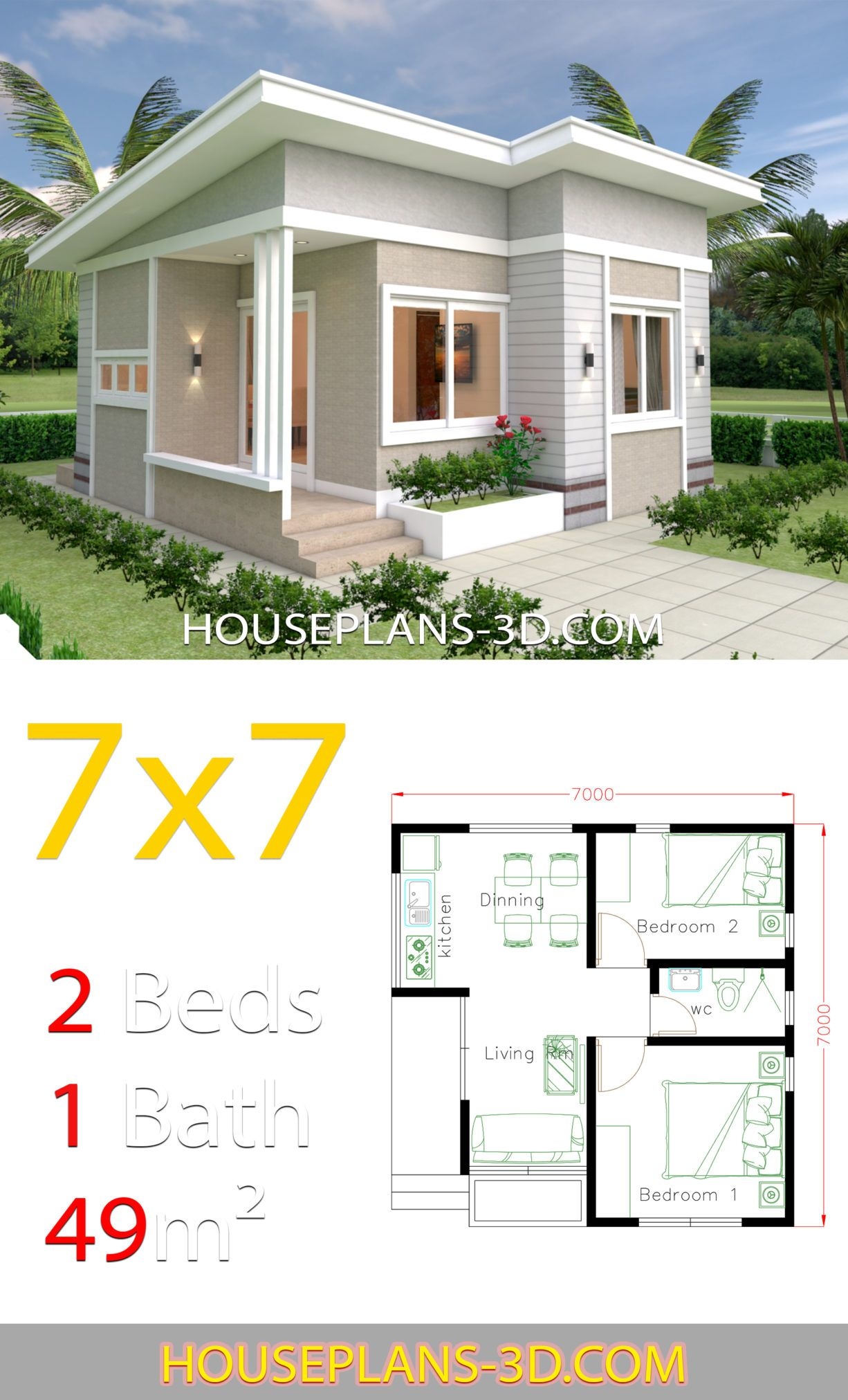 Small House Design 7x7 With 2 Bedrooms House Plans 3D Small House 