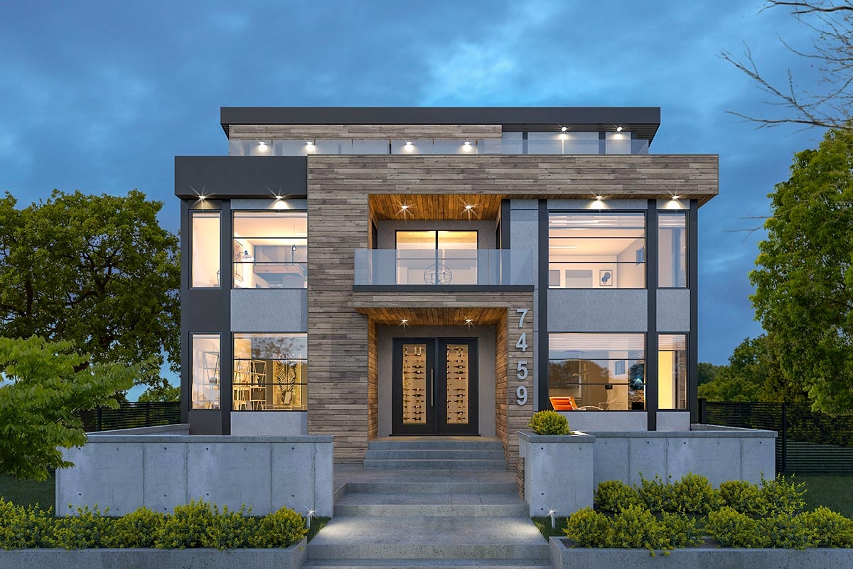 Three Story Contemporary House Plan With Apartment Above 3 Car Garage And A Rooftop Patio 